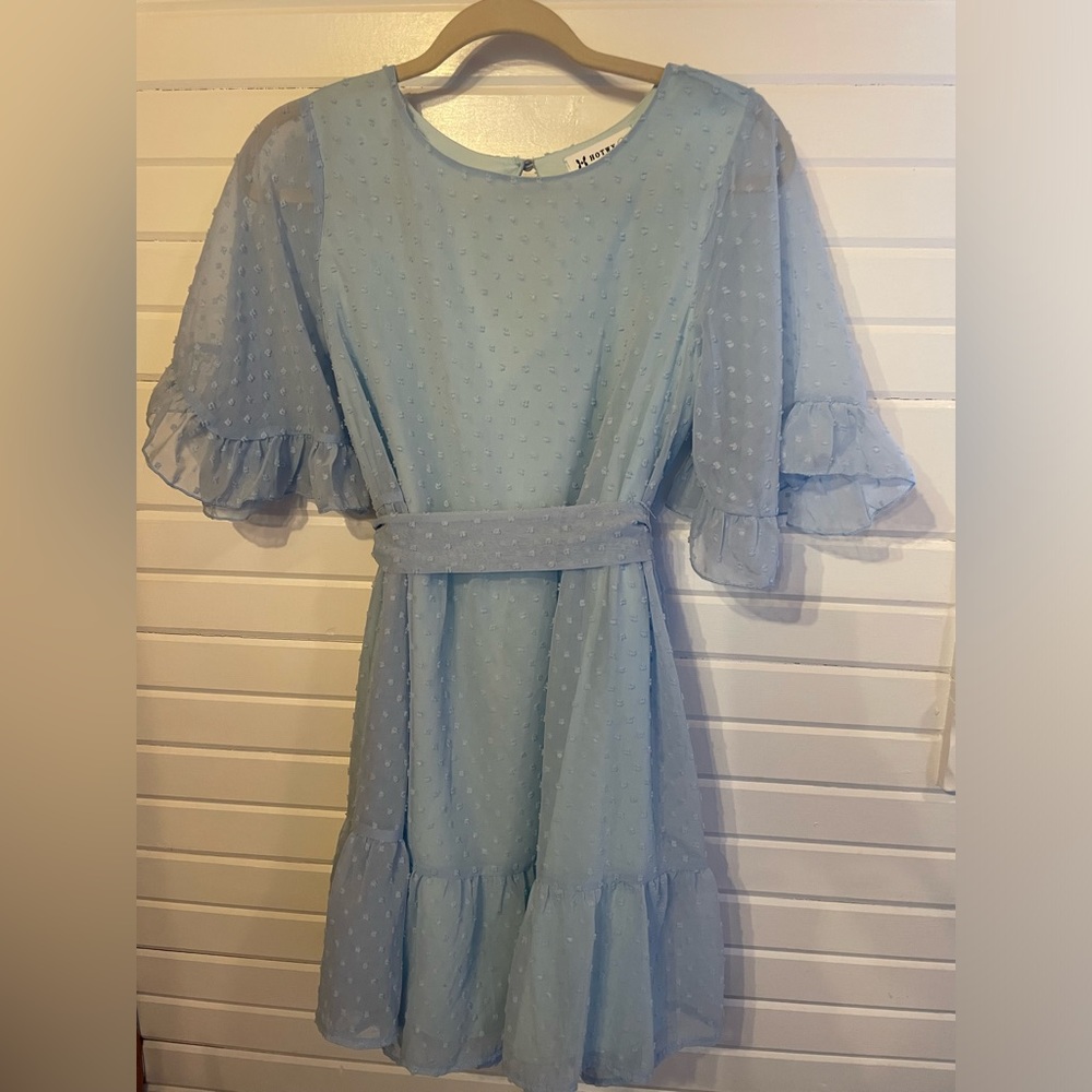 Women Dress Bell Short Sleeve Crew Neck Swiss Dot Chiffon A Line Belt Blue Med - Picture 2 of 7